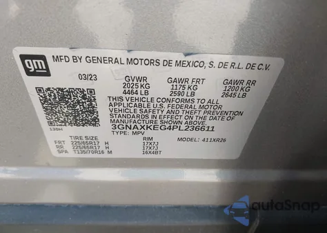 2023 Chevrolet Equinox Fwd Lt z USA, uszkodzony, nr VIN 3GNAXKEG4PL236611
